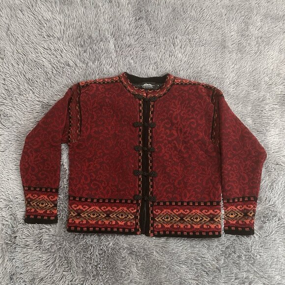 Icelandic Design Sweater M Cardigan Sweater Nordic Wool Artsy Red Black Toggles - Picture 2 of 9